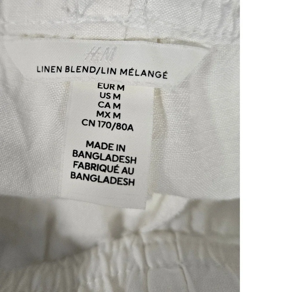 H&M Linen‎ Blend Wide Leg Drawstring Pants Relaxed Trousers White Women's Sz M